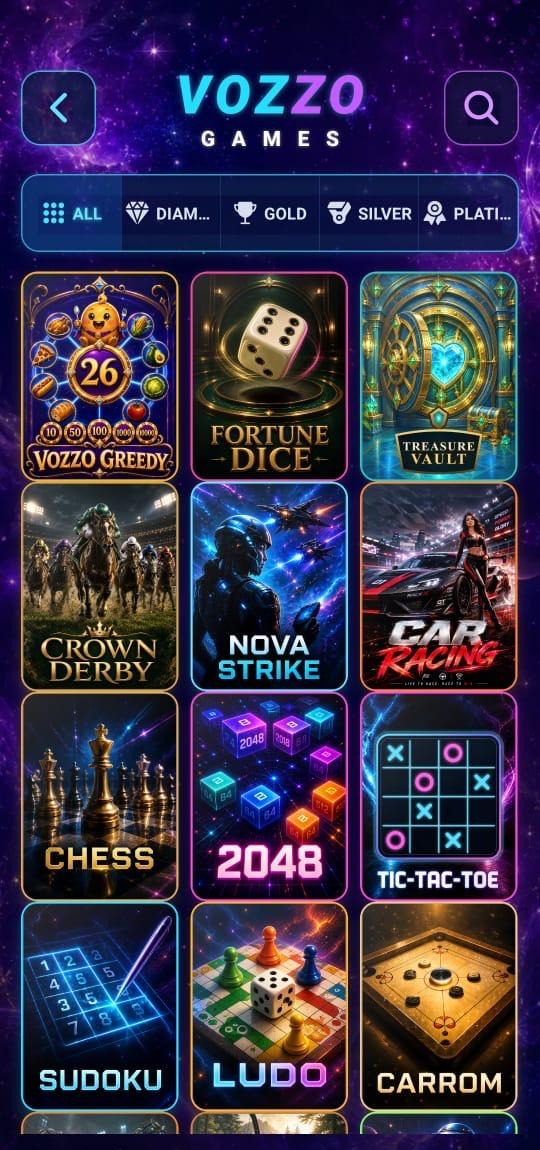 Vozzo Game screen showing the game collection